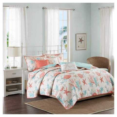 Coral Ocean View Printed Quilt Set 6pc