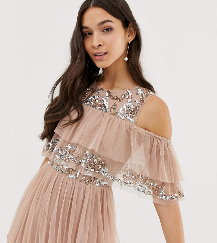 Cold Shoulder Ruffle And Sequin Detail Tulle Maxi Bridesmaid Dress