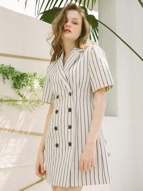 Button Stripe Dress_Beige