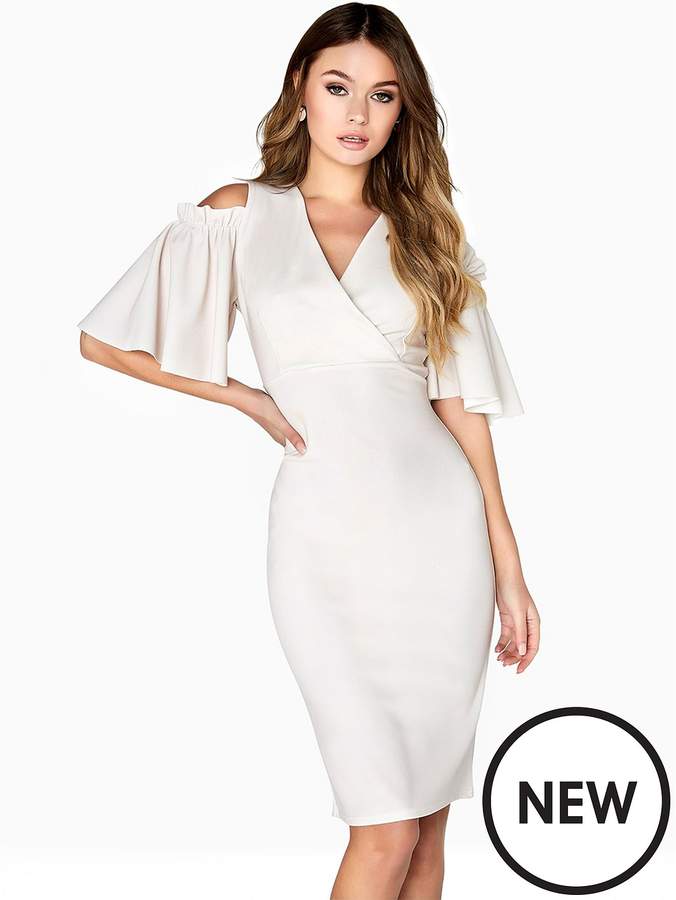 Cold Shoulder V-Neck Dress With Angel Sleeves - Ivory