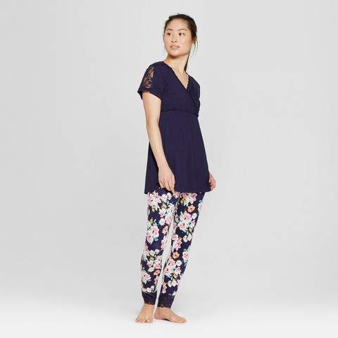 Women's Nursing Top and Pant Pajama Set - Blue