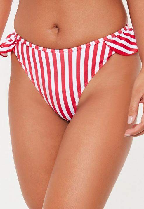 Red Striped Frill Detail Bikini Brief, Red