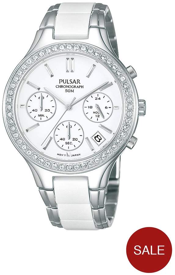 Stainless Steel Bracelet With Ceramic Inlay Chronograph Dial Ladies Watch