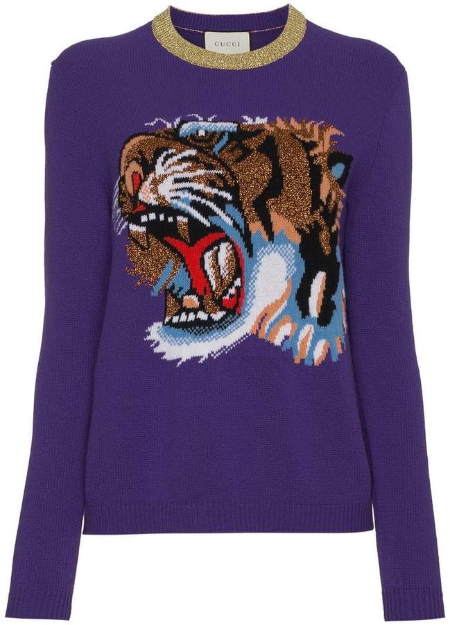 Wool jumper with knitted tiger motif