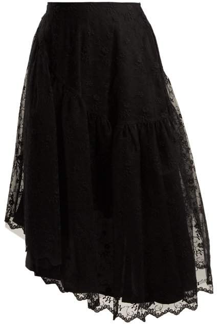 Asymmetric-hem floral-lace skirt