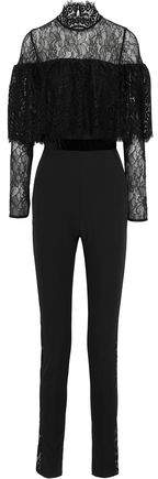 Perseverance Layered Velvet-Trimmed Lace And Crepe Jumpsuit