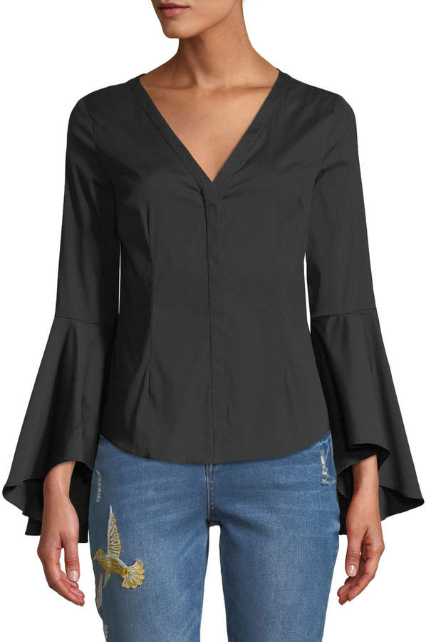 Flare-Sleeve Poplin Button Front Blouse