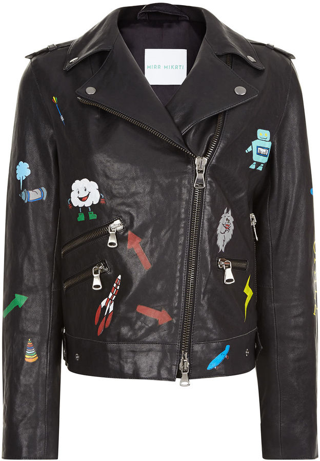 Mira Mikati Black Hand Painted Graphic Leather Jacket - ShopStyle