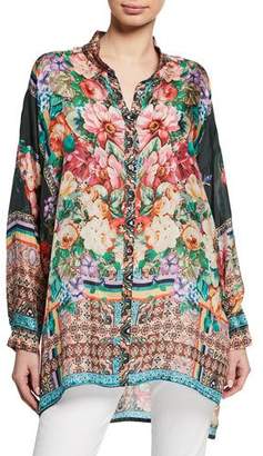 Johnny Was Bethia Mixed-Print Button-Front Long-Sleeve Silk Georgette Top
