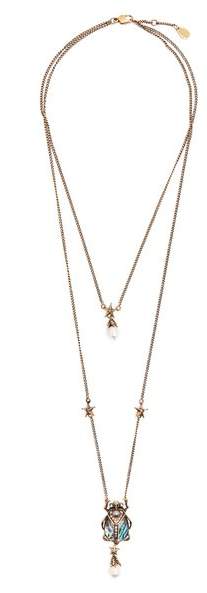 Embellished beetle-pendant double-strand necklace