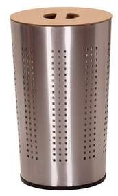 Round Brushed Stainless Hamper, Wood Lid