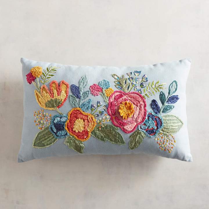 Embroidered Big Blooms Lumbar Pillow