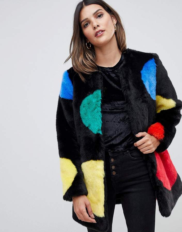 Urbancode faux fur coat in bright polka dots