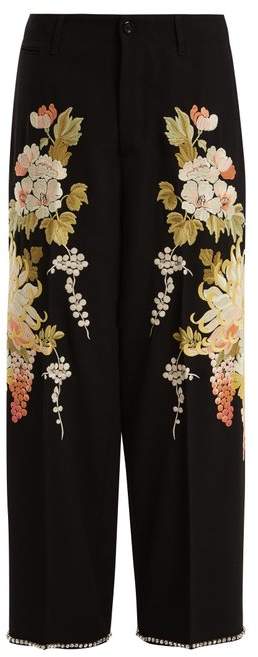 Floral-embroidered wool-crepe trousers