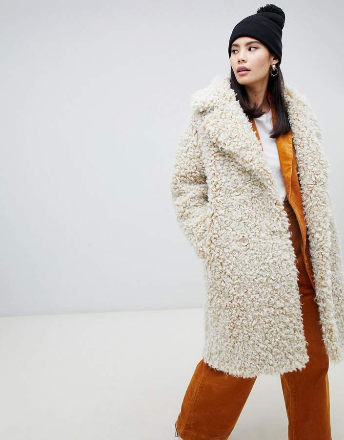 double breasted teddy coat in off white