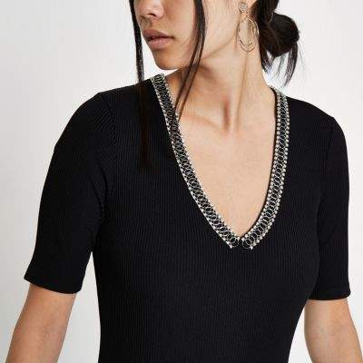 Womens Black rib rhinestone embellished bodysuit