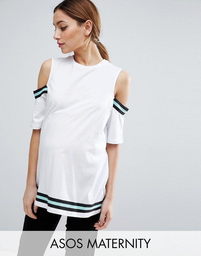  Maternity T-Shirt with Cold Shoulder Stripe Insert