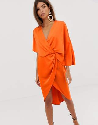 Asos Design DESIGN kimono midi dress in satin with asymmetric sleeve