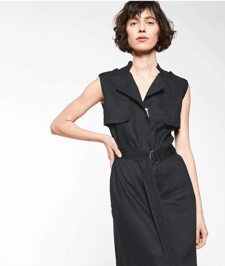 Ärmelloses Leinenkleid mit Gürtel, Grau/Schwarz, Größe 34