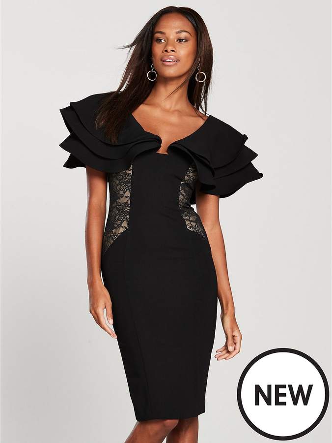 Lace Panel Ruffle Shoulder Dress - Black