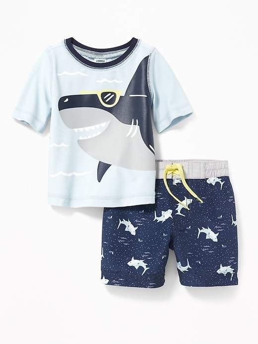 Shark-Graphic Rashguard & Printed Trunks Set for Baby
