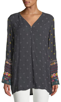 Johnny Was Embroidered-Trim Long-Sleeve Tunic