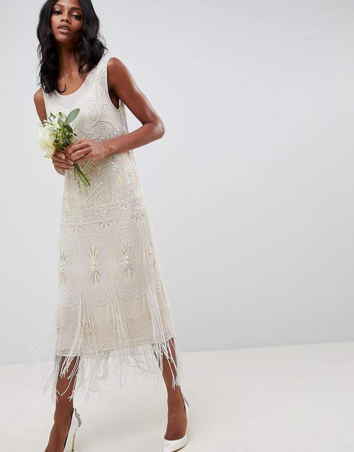 Buy Edition EDITION fringe embellished midi wedding dress with a low back!