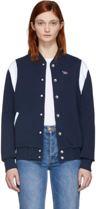 Navy and White Teddy Tricolor Fox Bomber Jacket