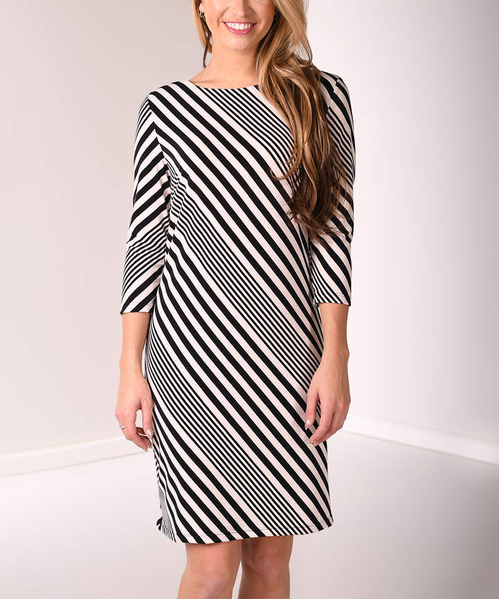 Black & White Diagonal Stripe Three-Quarter Sleeve Sheath Dress - Women