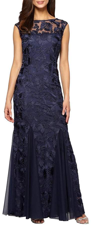 Cap-Sleeve Embroidered Gown