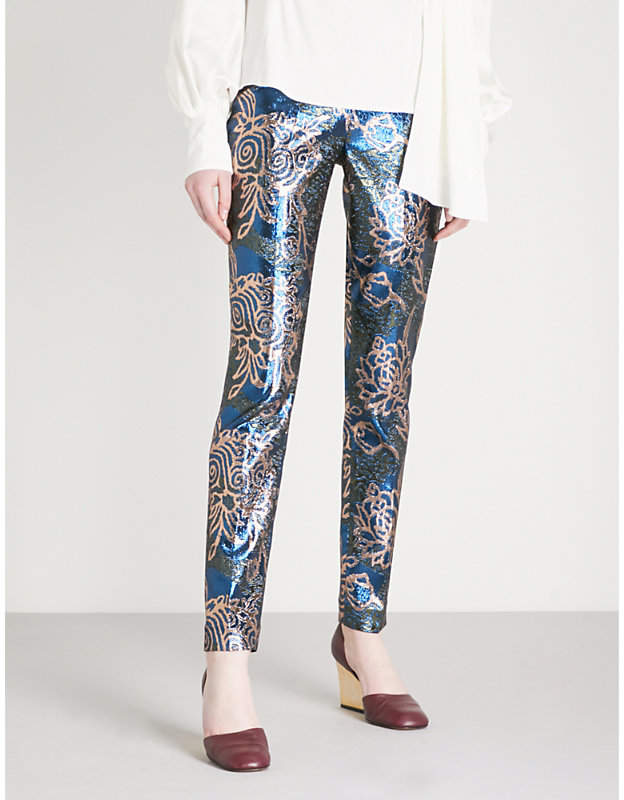 Floral straight metallic-jacquard trousers