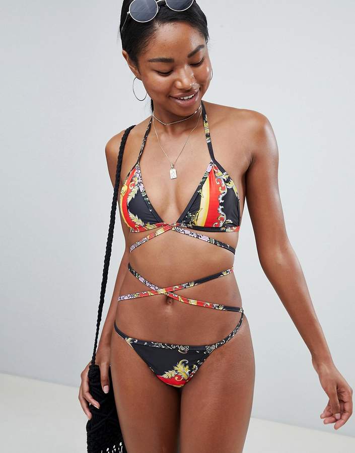 Printed Wrap Detail Bikini Top