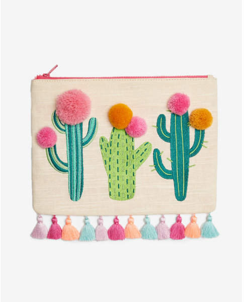 linen-blend cactus pom pouch