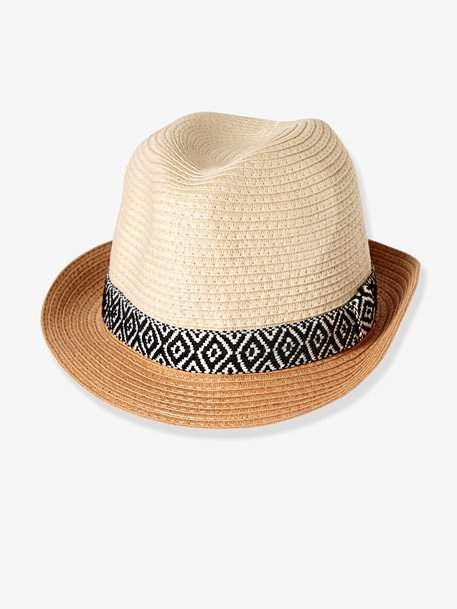 Children's Panama Hat with Black & White Hatband - beige light solid with design