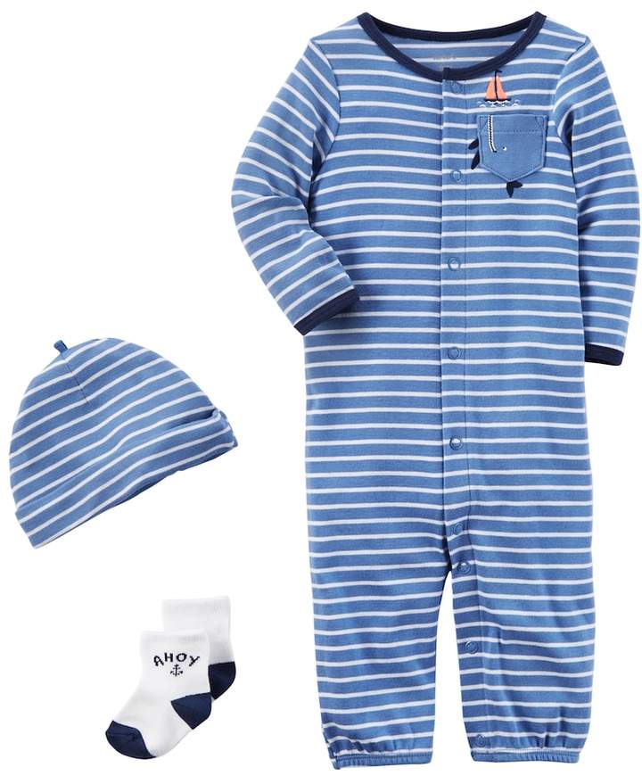 Baby Boy Striped Bodysuit, Socks, & Hat Set