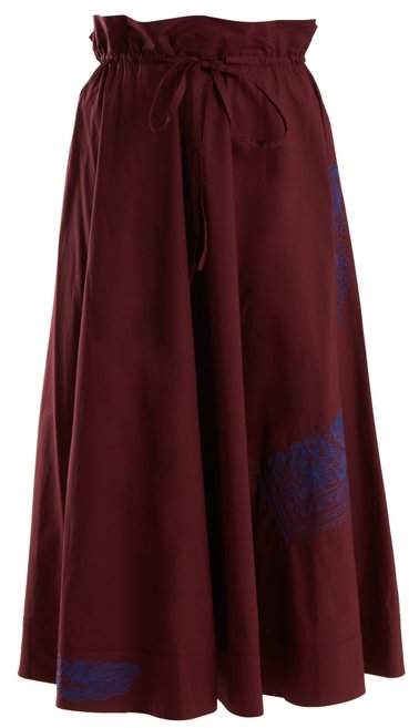 Embroidered paperbag-waist cotton midi skirt