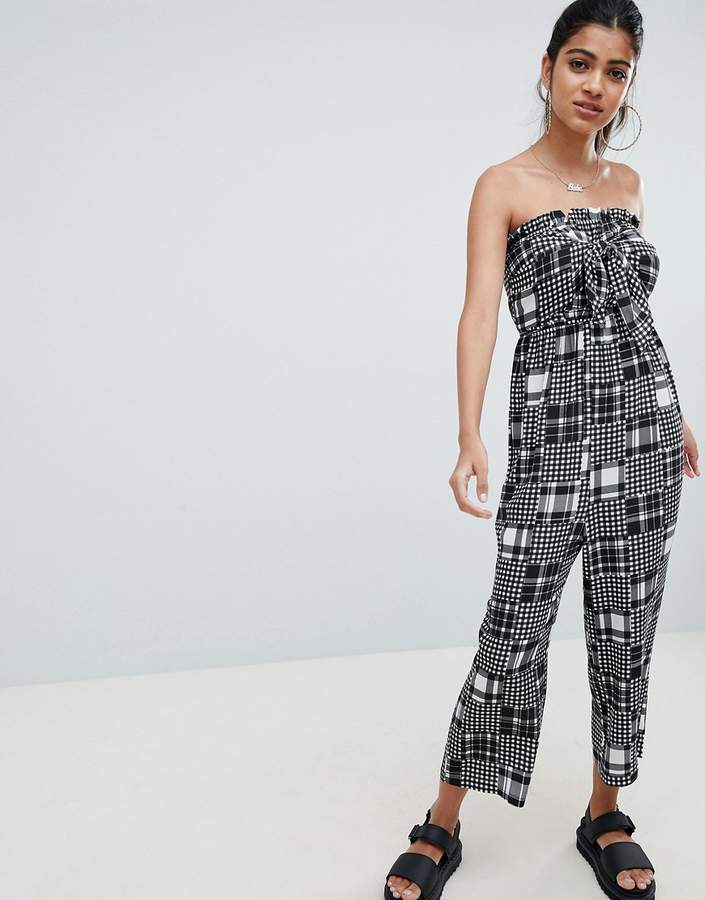DESIGN bandeau jumpsuit with tie front in mixed gingham