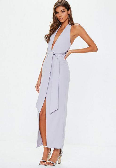 Lilac Plunge Tie Waist Maxi Dress, Grey