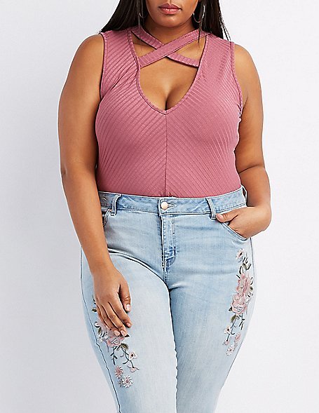 Plus Size Ribbed Strappy Caged Bodysuit