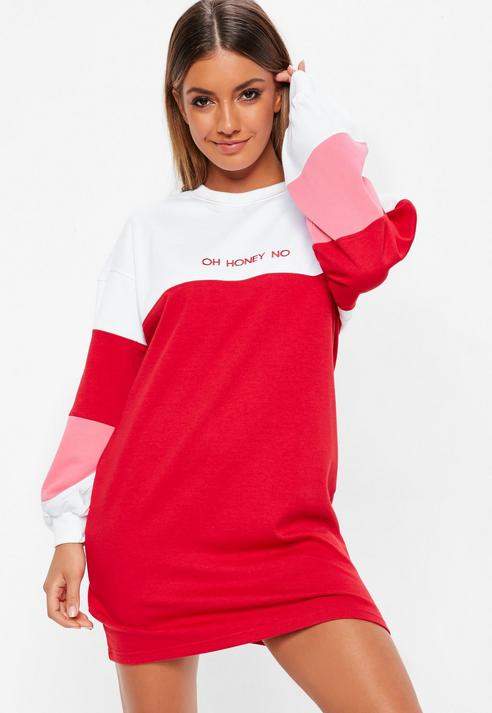 Red Colour Block Oh Honey No Slogan Sweater Dress, Red