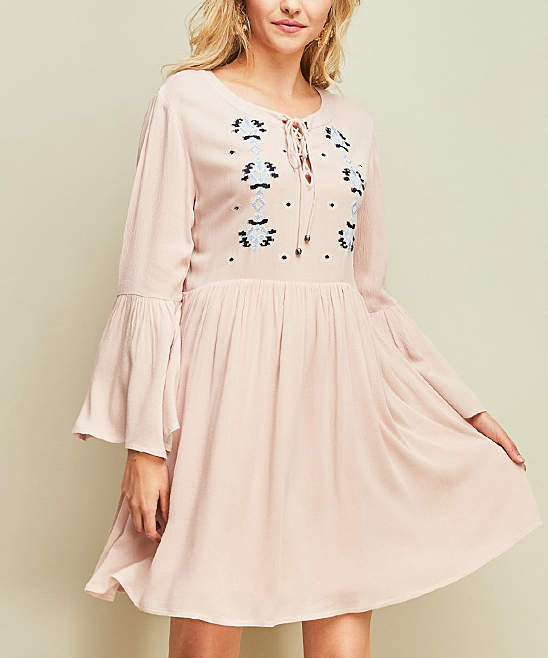Dusty Pink Embroidered-Accent Peasant Dress - Women