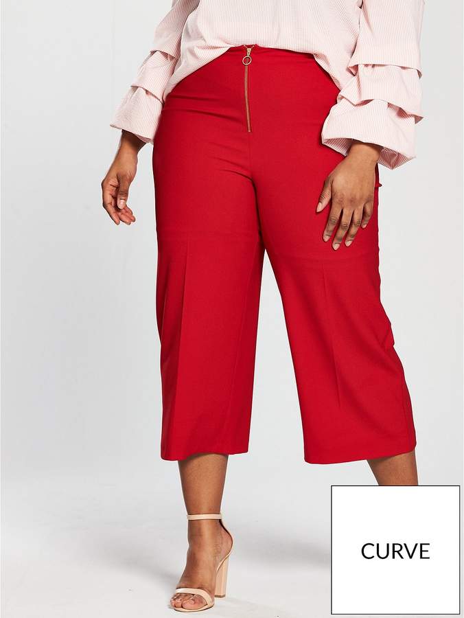 V By Very Curve Ring Pull Cropped Wide Leg Trouser - Red