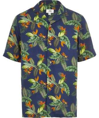 Boys navy tropical print short sleeve shirt