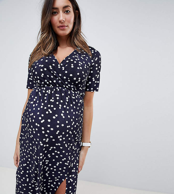 DESIGN Maternity midi wrap plisse dress in polka dot