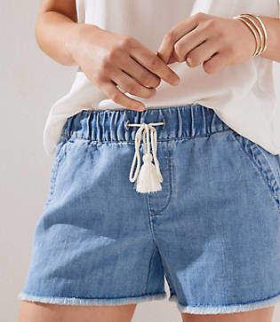 Cotton Linen Denim Drawstring Shorts in Light Enzy...