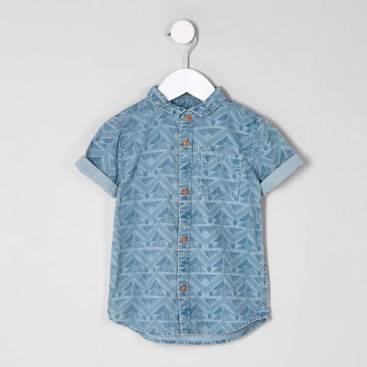 Mini boys Blue aztec denim shirt