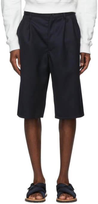 Navy Wool Gabardine Plain Shorts