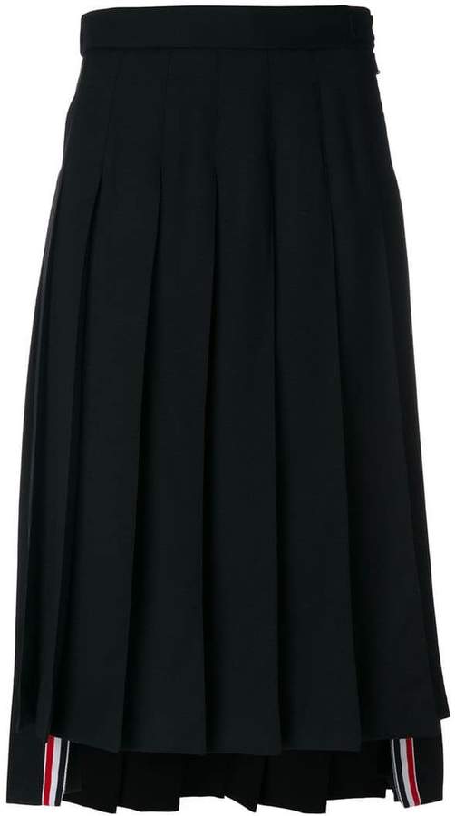 Dropped-Back Below Knee Pleated Skirt in Black Crepe Suiting