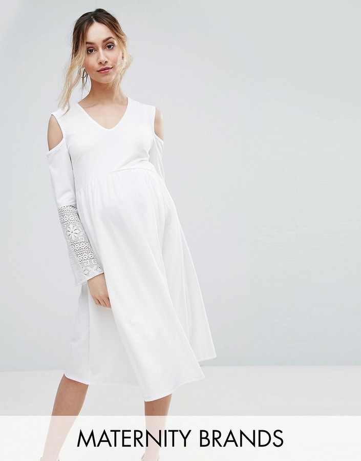  Maternity Cold Shoulder Dress With Lace Sleeve