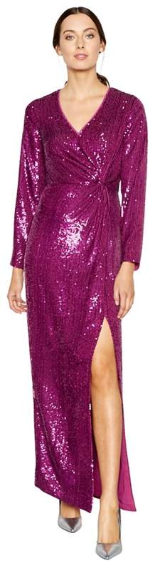 Bright Pink Twist Front Sequin Long Sleeve Full Length Occasion Dress